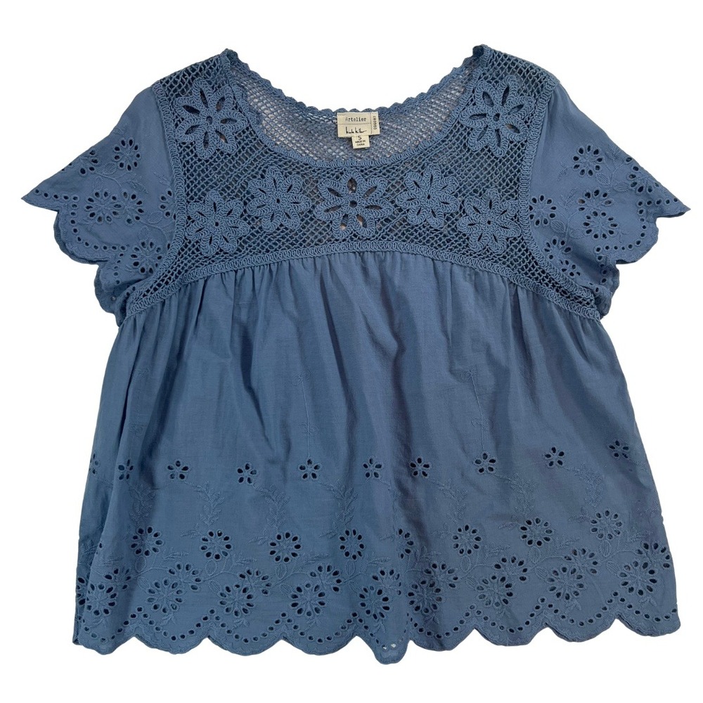 Artelier Nicole Miller Blue Eyelet Crochet Lace Babydoll Blouseβ Top Small